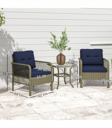 Outsunny 3 Pieces Rattan Bistro Set with Tempered Glass Table Charcoal Grey
