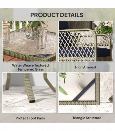 Outsunny 3 Pieces Rattan Bistro Set with Tempered Glass Table Charcoal Grey