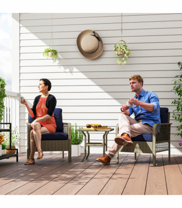 Outsunny 3 Pieces Rattan Bistro Set with Tempered Glass Table Charcoal Grey