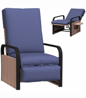 Outsunny Rattan Garden Recliner Chair Sun Lounger w/ Side Tray, Brown/Blue