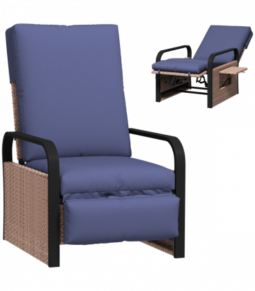 Outsunny Rattan Garden Recliner Chair Sun Lounger w/ Side Tray, Brown/Blue