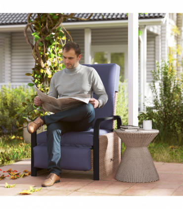 Outsunny Rattan Garden Recliner Chair Sun Lounger w/ Side Tray, Brown/Blue