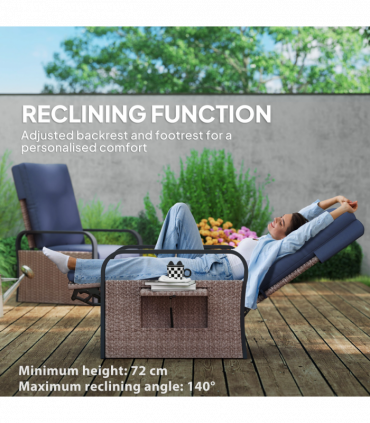Outsunny Rattan Garden Recliner Chair Sun Lounger w/ Side Tray, Brown/Blue
