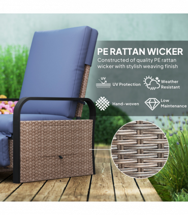 Outsunny Rattan Garden Recliner Chair Sun Lounger w/ Side Tray, Brown/Blue
