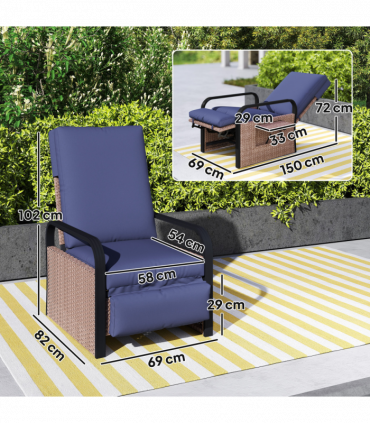 Outsunny Rattan Garden Recliner Chair Sun Lounger w/ Side Tray, Brown/Blue