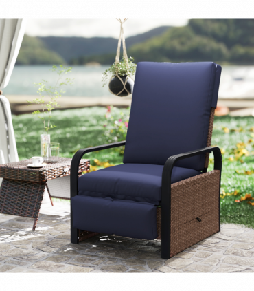 Outsunny Rattan Garden Recliner Chair Sun Lounger w/ Side Tray, Brown/Blue