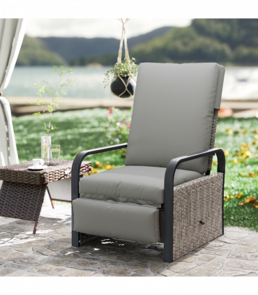 Outsunny Rattan Garden Recliner Chair Sun Lounger w/ Side Tray, Grey