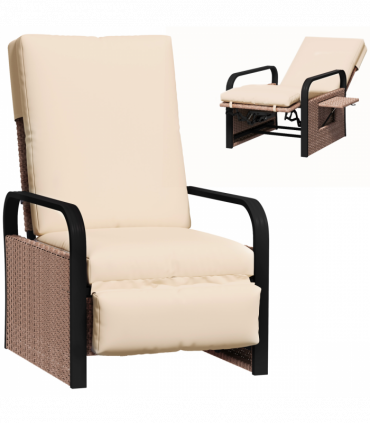 Outsunny Rattan Garden Recliner Chair Sun Lounger w/ Side Tray, Brown/Khaki