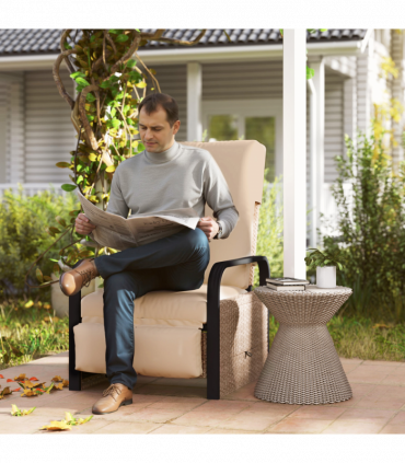 Outsunny Rattan Garden Recliner Chair Sun Lounger w/ Side Tray, Brown/Khaki