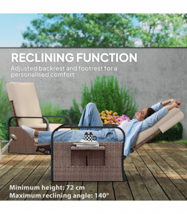 Outsunny Rattan Garden Recliner Chair Sun Lounger w/ Side Tray, Brown/Khaki