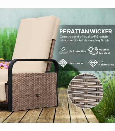Outsunny Rattan Garden Recliner Chair Sun Lounger w/ Side Tray, Brown/Khaki