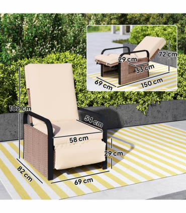 Outsunny Rattan Garden Recliner Chair Sun Lounger w/ Side Tray, Brown/Khaki