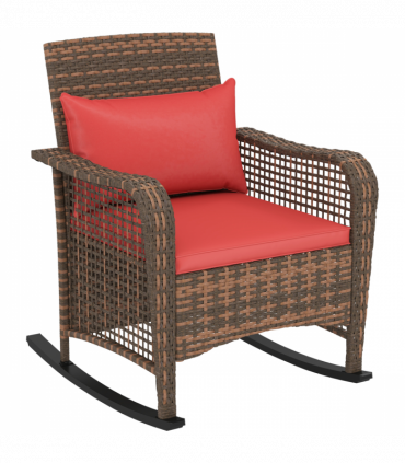 Outsunny Rattan Garden Rocking Chair w/ Seat and Back Cushions, Red