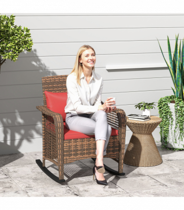 Outsunny Rattan Garden Rocking Chair w/ Seat and Back Cushions, Red