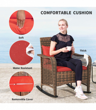 Outsunny Rattan Garden Rocking Chair w/ Seat and Back Cushions, Red