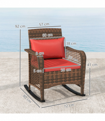Outsunny Rattan Garden Rocking Chair w/ Seat and Back Cushions, Red