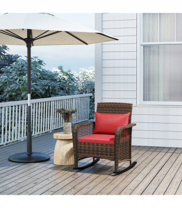 Outsunny Rattan Garden Rocking Chair w/ Seat and Back Cushions, Red