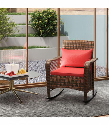 Outsunny Rattan Garden Rocking Chair w/ Seat and Back Cushions, Red
