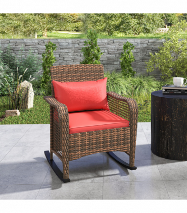 Outsunny Rattan Garden Rocking Chair w/ Seat and Back Cushions, Red