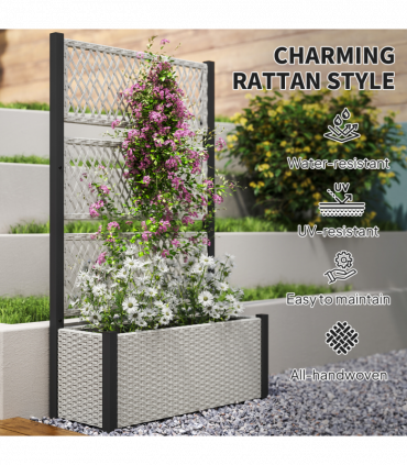 Outsunny Garden Planter Box with Trellis, Rattan Raised Bed, Mixed-grey