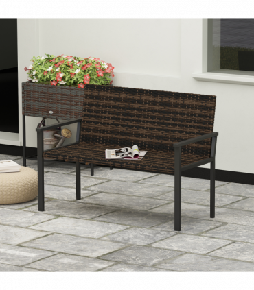 Outsunny Rattan Garden Bench Loveseat with Quick-Drying Padding, Mixed Brown