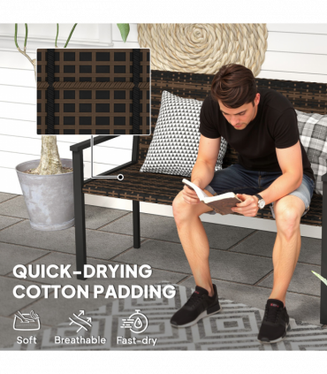 Outsunny Rattan Garden Bench Loveseat with Quick-Drying Padding, Mixed Brown