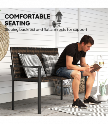 Outsunny Rattan Garden Bench Loveseat with Quick-Drying Padding, Mixed Brown