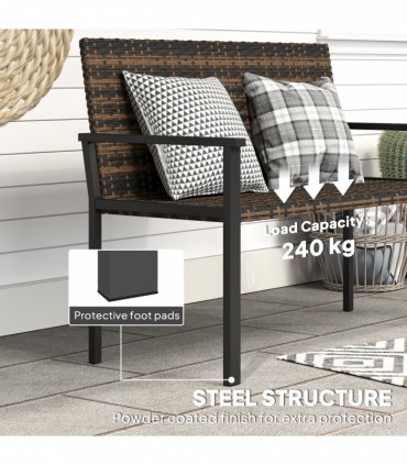 Outsunny Rattan Garden Bench Loveseat with Quick-Drying Padding, Mixed Brown