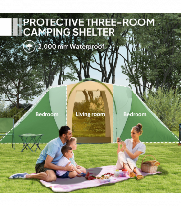 Outsunny 4-6 Man Camping Tent with 2 Bedroom and Living Area, Green, White
