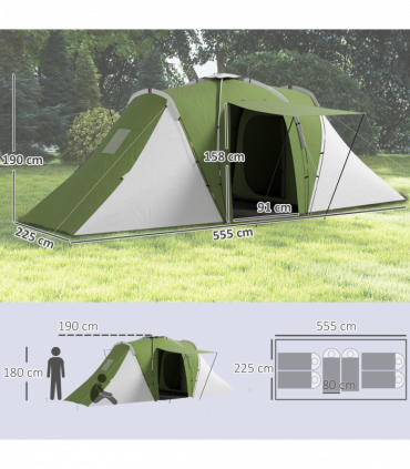 Outsunny 4-6 Man Camping Tent with 2 Bedroom and Living Area, Green, White