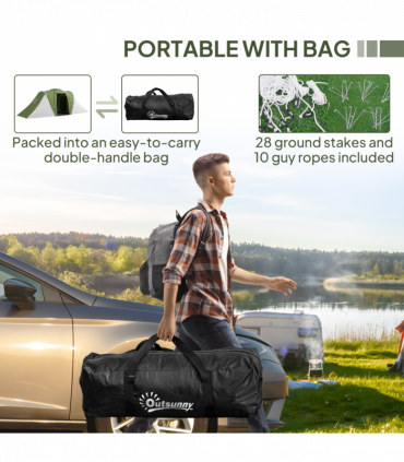 Outsunny 4-6 Man Camping Tent with 2 Bedroom and Living Area, Green, White