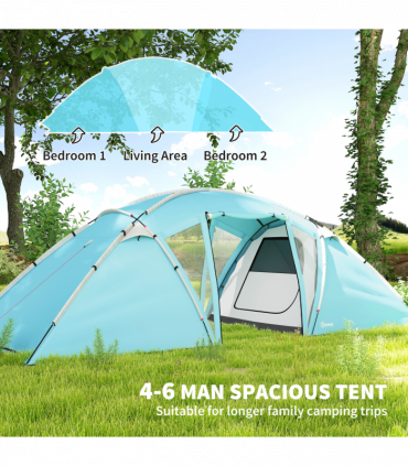 Outsunny 4-6 Man Family Camping Tent w/ 2 Bedrooms, a Living Room, Blue