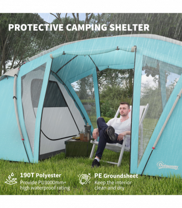 Outsunny 4-6 Man Family Camping Tent w/ 2 Bedrooms, a Living Room, Blue
