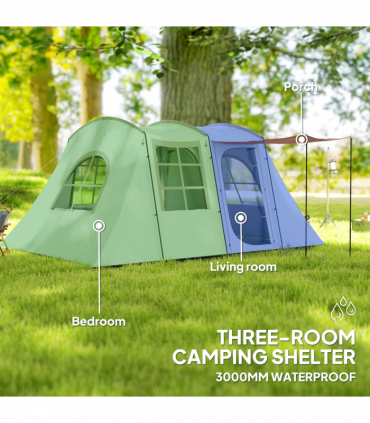 Outsunny 3-4 Man Tunnel Tent with Sewn in Floor, 3000mm Waterproof, Khaki