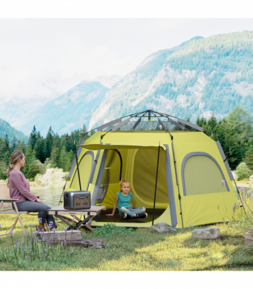 Outsunny Instant Camping Tent, 4 Person Easy Setup Dome Tent, Yellow Green