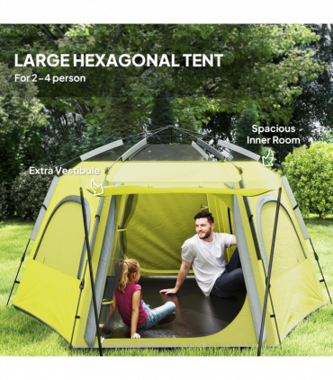 Outsunny Instant Camping Tent, 4 Person Easy Setup Dome Tent, Yellow Green