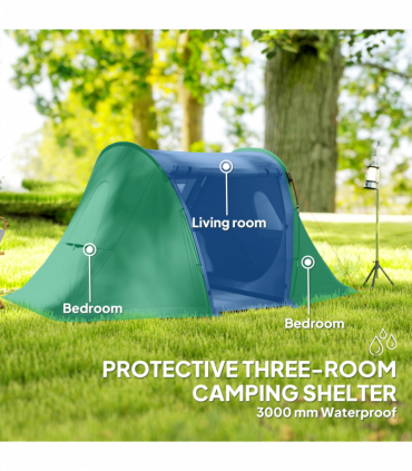 Outsunny 3 Man Camping Tent with 2 Bedrooms, 3000mm Waterproof, Grey