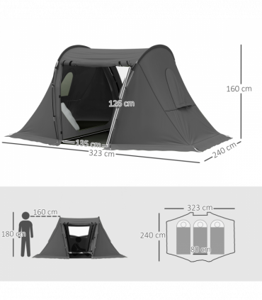 Outsunny 3 Man Camping Tent with 2 Bedrooms, 3000mm Waterproof, Grey