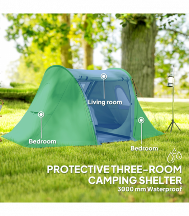 Outsunny 3 Man Camping Tent with 2 Bedrooms, 3000mm Waterproof, Green