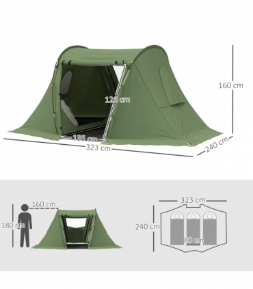 Outsunny 3 Man Camping Tent with 2 Bedrooms, 3000mm Waterproof, Green