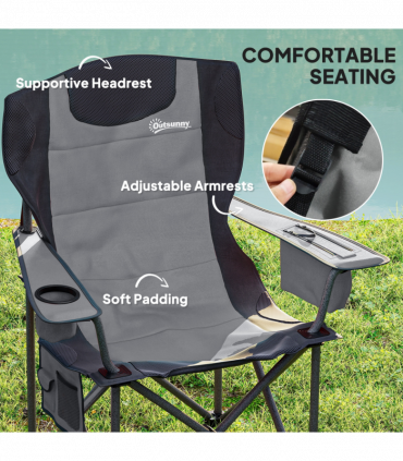 Outsunny Set of 2 Padded Folding Picnic Chairs with Cooler Bag, Grey