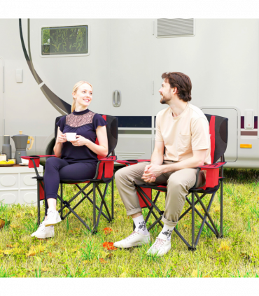 Outsunny Set of 2 Padded Folding Picnic Chairs with Cooler Bag, Red