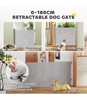 PawHut Retractable Stair Gate, Dog Gate Extends Up to 180 cm Wide, Grey