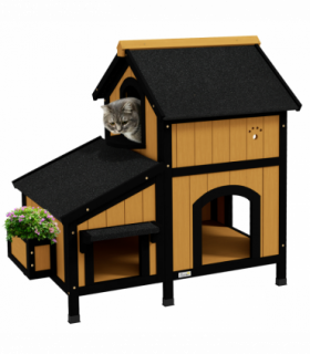 PawHut Wooden Outdoor Cat House w/ Flower Pot, Windows, Multiple Entrances