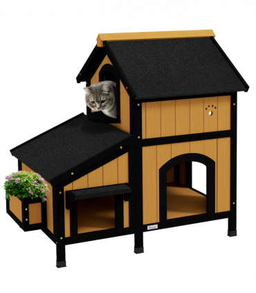 PawHut Wooden Outdoor Cat House w/ Flower Pot, Windows, Multiple Entrances