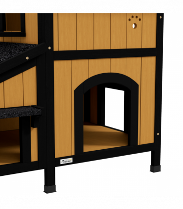 PawHut Wooden Outdoor Cat House w/ Flower Pot, Windows, Multiple Entrances