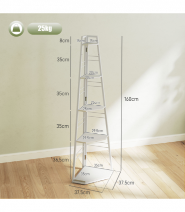 HOMCOM 5-Tier Corner Shelf, Shelving Unit with Adjustable Feet, White
