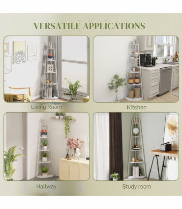 HOMCOM 5-Tier Corner Shelf, Shelving Unit with Adjustable Feet, White