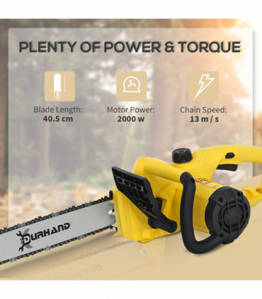 DURHAND Electric Chainsaw Garden Tools, 2000 W, 40 cm Blade for Wood, Yellow