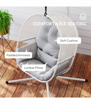 Outsunny Hanging Egg Chair with Stand, Cushions for Garden, Light Grey